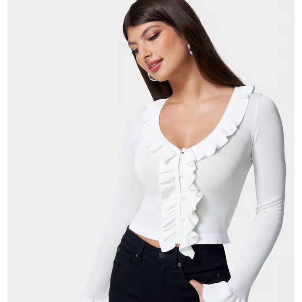 BEBE -RUFFLE CROPPED SWEATER CARDIGAN